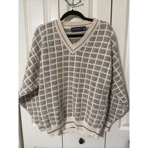 Men's Andhurst Vintage V Neck Pullover Sweater Cream And Brown Sz Medium  Cotton
